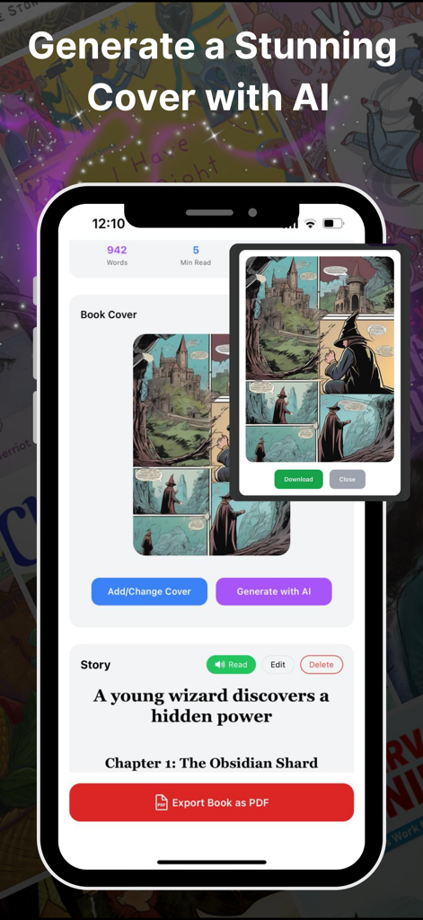 AI Storyteller: Book Creator - AI Storyteller app interface showing an AI-generated book cover of a wizard and a castle with a button to export the story as a PDF