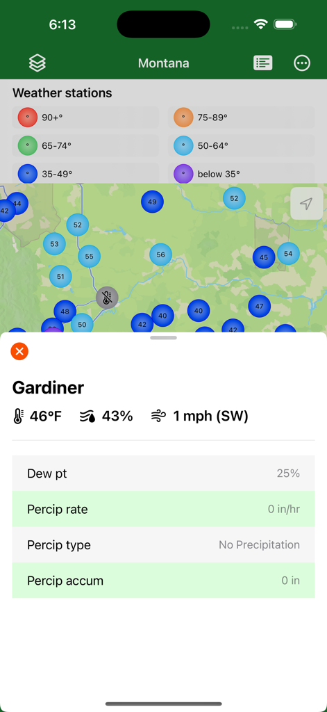 A map showing weather stations across Montana with a detailed weather report pop-up for the city of Gardiner.
