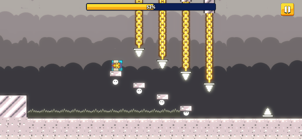 Personnage carré bleu sautant par-dessus des pointes et évitant des pièges suspendus dans un niveau d'arcade géométrique.