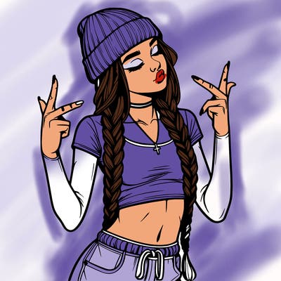 realistic teenage girl with braids and a beanie and crop top doing 🫶🏼