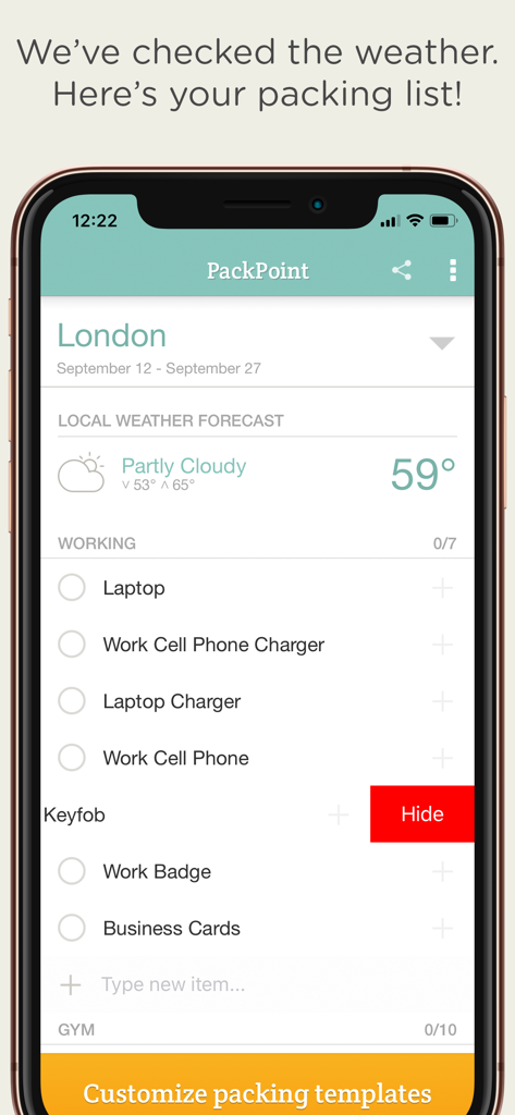 Schermata dell'app PackPoint che mostra una lista bagaglio basata sul meteo per un viaggio a Londra