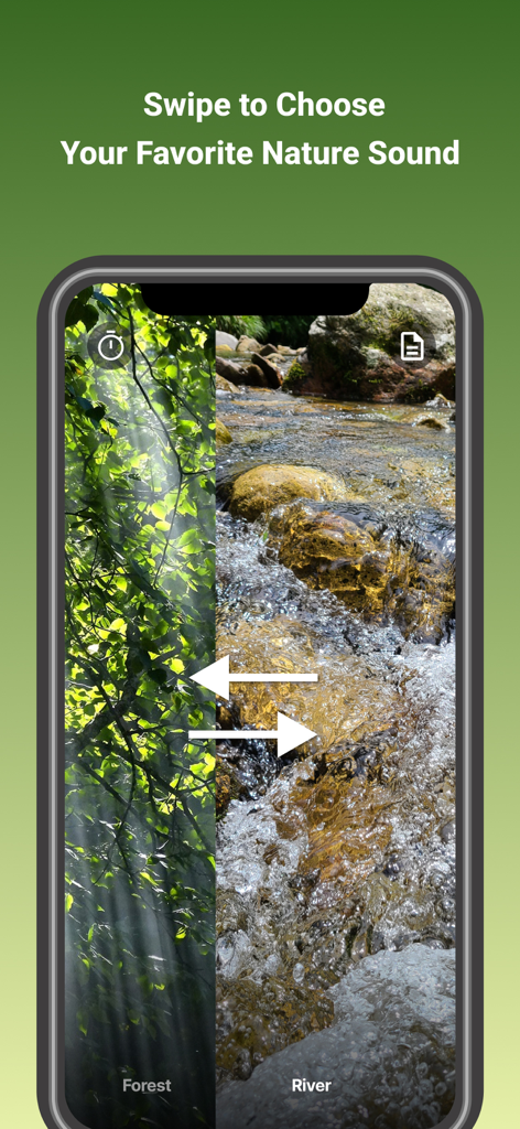 NatureVoice(BGM For Sleep) - A smartphone displaying the NatureVoice app interface with a swipe feature to choose between forest and river background sounds.