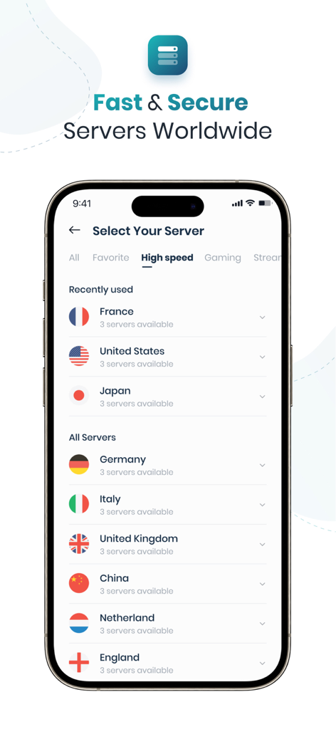 CopVPN - Fast & Secure VPN - Interfaz de la aplicación CopVPN que muestra una selección de servidores rápidos y seguros en todo el mundo.