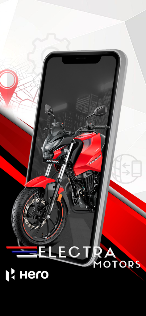 Electra Motors - Electra Motors app splash screen featuring a red Hero Hunk motorcycle emerging from a smartphone screen.