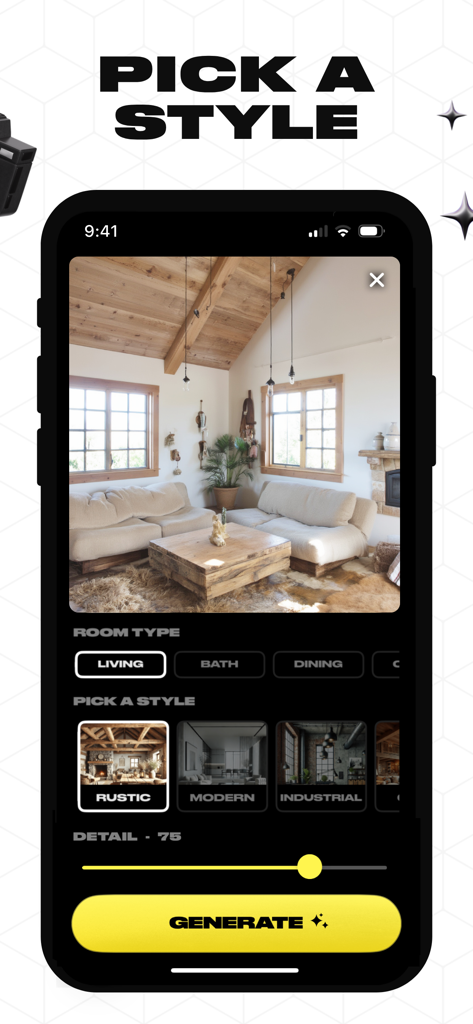 Interfaz de la aplicación Home AI que muestra un diseño de sala de estar rústica con opciones de selección de estilo