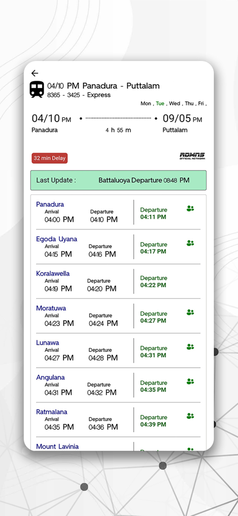 RDMNS.LK - Live Train Updates - RDMNS.LK app screen showing live train status and station schedule for Sri Lankan railways.