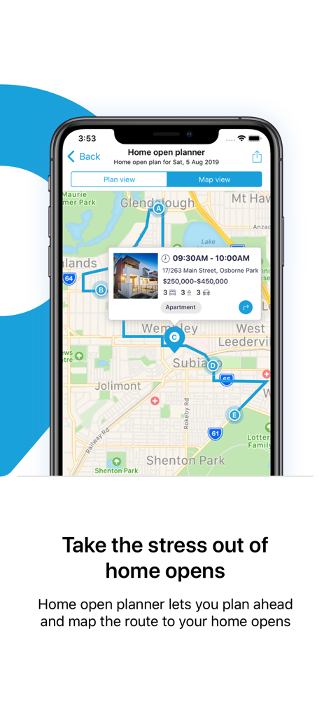 reiwa.com real estate app showing a map view of the home open planner for property inspections.