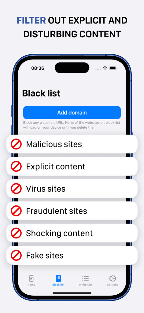 iBlocker: Ad Blocker & Filter - iBlocker app interface showing a blacklist of malicious, explicit, and fraudulent website categories to filter out.