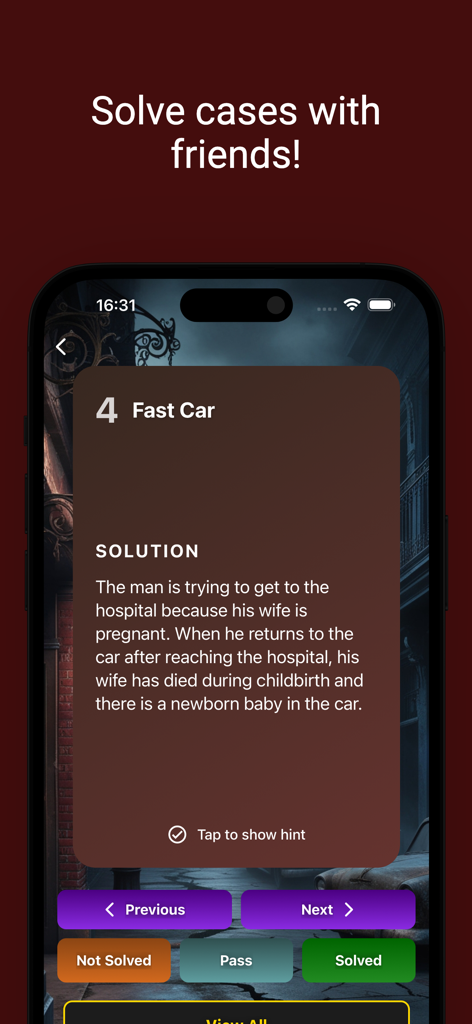 Mystery Masters app showing a mystery case solution screen for social play