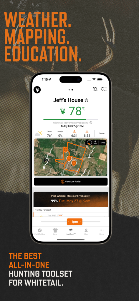 HuntWise mobile app interface showing deer movement probability and satellite hunting maps