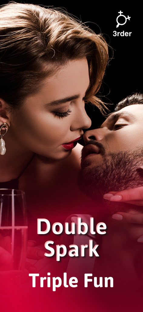 A couple about to kiss on the 3rder dating app splash screen with the text Double Spark Triple Fun