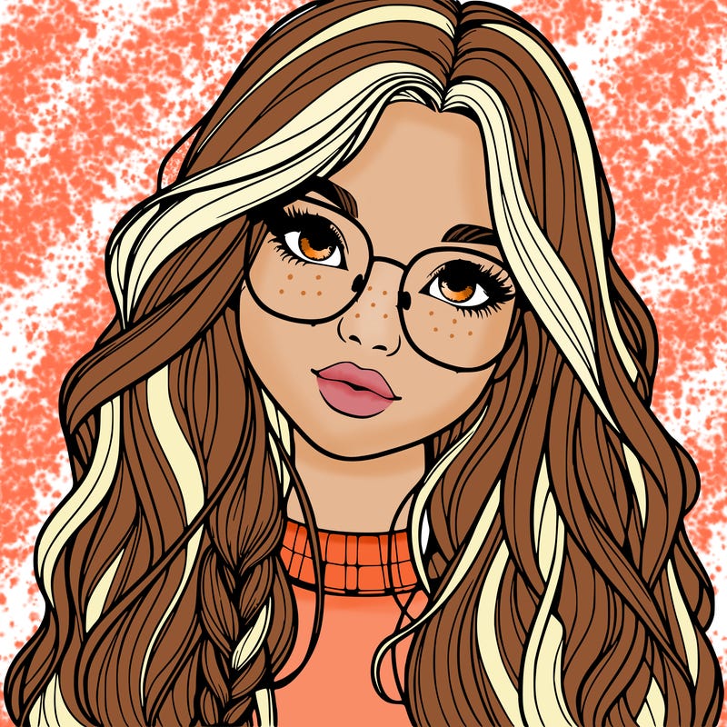 girl with long hair and freckles and glasses realistic