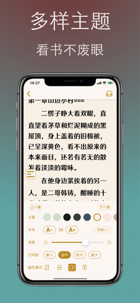 Eine Smartphone-Oberfläche, die anpassbare Lesethemen, Schriftgrößen und Helligkeitseinstellungen in der FastRead-App zeigt
