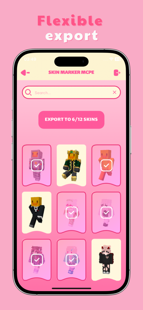 Interface do aplicativo mostrando uma grade de skins de Minecraft com caixas de seleção para exportação em lote