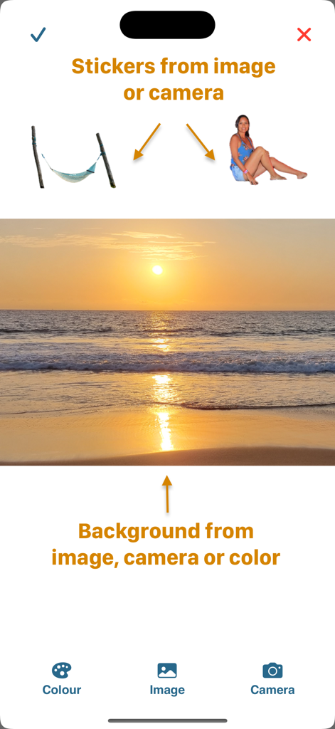 Interfaz de usuario para crear imágenes compuestas con pegatinas y fondos personalizados en la aplicación Tandras