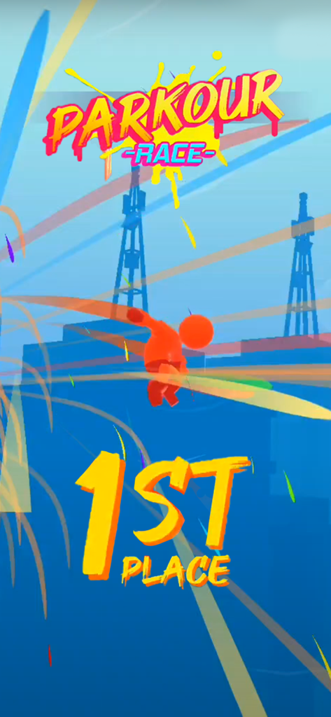 Parkour Race - Freerun Game - 파쿠르 레이스 게임 캐릭터가 화면에 '1등'이라는 텍스트와 함께 점프하고 있습니다.