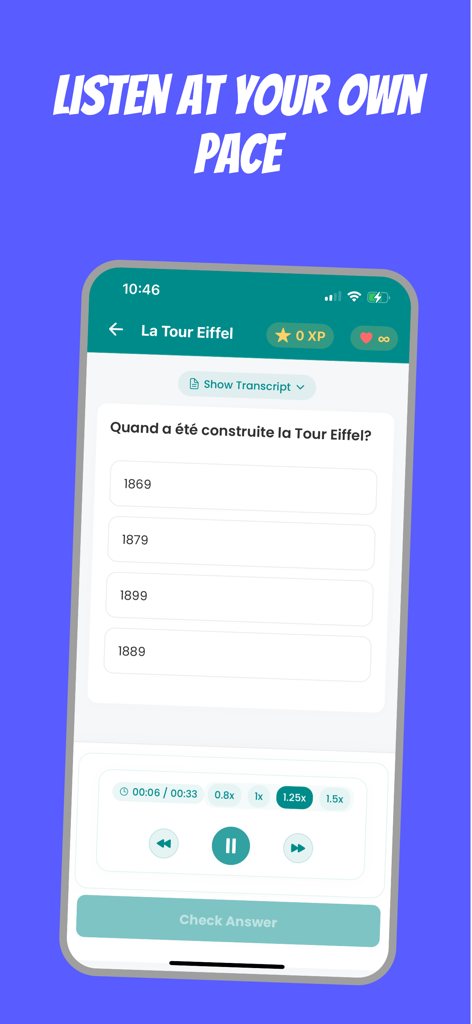 Frenchico - Learn French Fast - Frenchico app interface showing a French listening comprehension quiz with adjustable audio speed controls