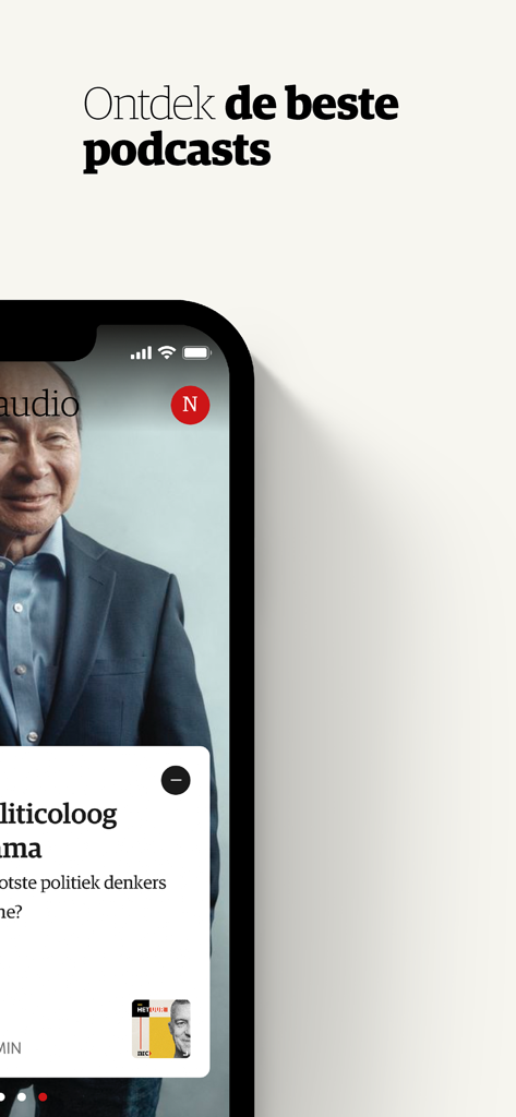 Aplicación NRC Audio en un iPhone mostrando una pantalla de descubrimiento de podcasts con texto en holandés