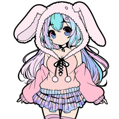 pretty anime girl wearing a fluffy hoodie with bunny ears on the hood and a skirt