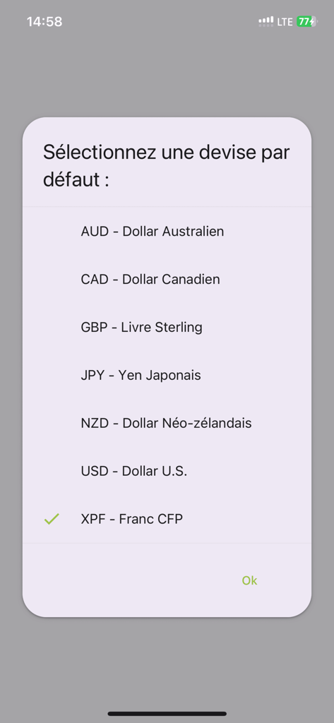 EpayNc - EpayNc App-Bildschirm, der eine Liste von Währungen zur Auswahl anzeigt, darunter AUD CAD GBP JPY NZD USD und XPF