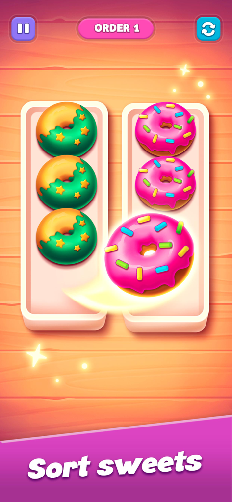 Gameplay of Sweet Sort showing pink and green donuts being organized into trays.