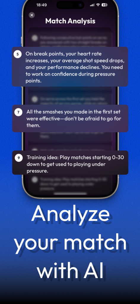 Padelio: Track Padel Activity - Padelio app displaying AI match analysis with performance insights and training tips for padel players.
