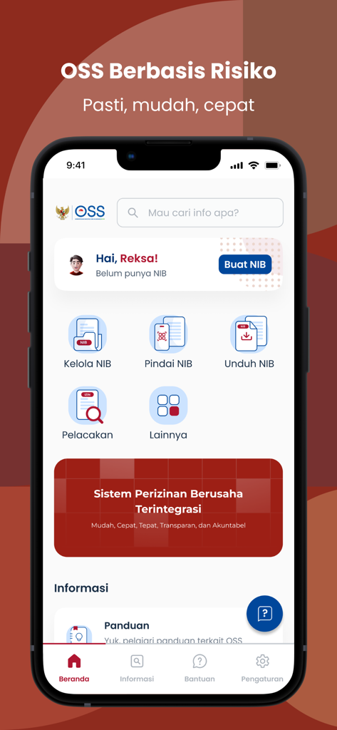 OSSインドネシアアプリのダッシュボード。事業ライセンス管理とNIB追跡機能が表示されています。