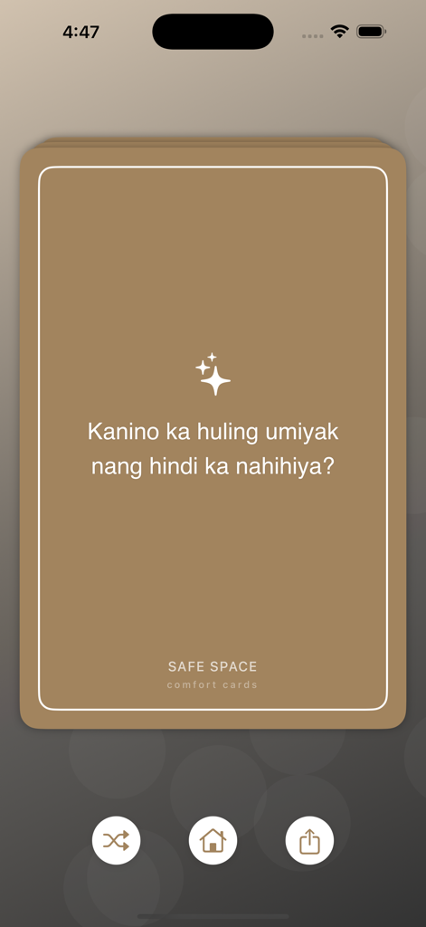 Comfort Cards - A digital card from the Comfort Cards app displaying a reflective question in Tagalog about vulnerability and safe spaces.