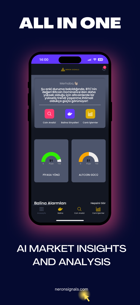 Neron Signals app dashboard on an iPhone showing AI-powered crypto market insights and whale alert signals.