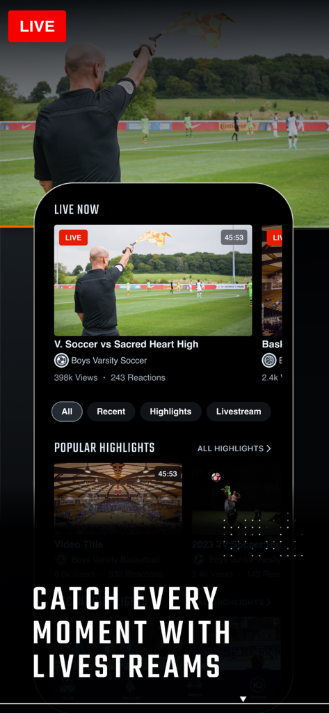 The Hudl Fan app interface showing live high school sports streams and highlights.