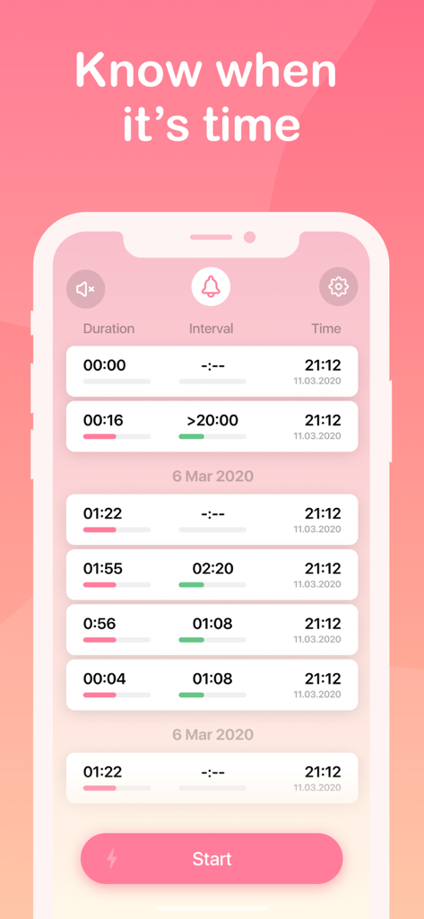 Interface of the Contraction Timer app displaying a detailed history of labor contraction durations and intervals.