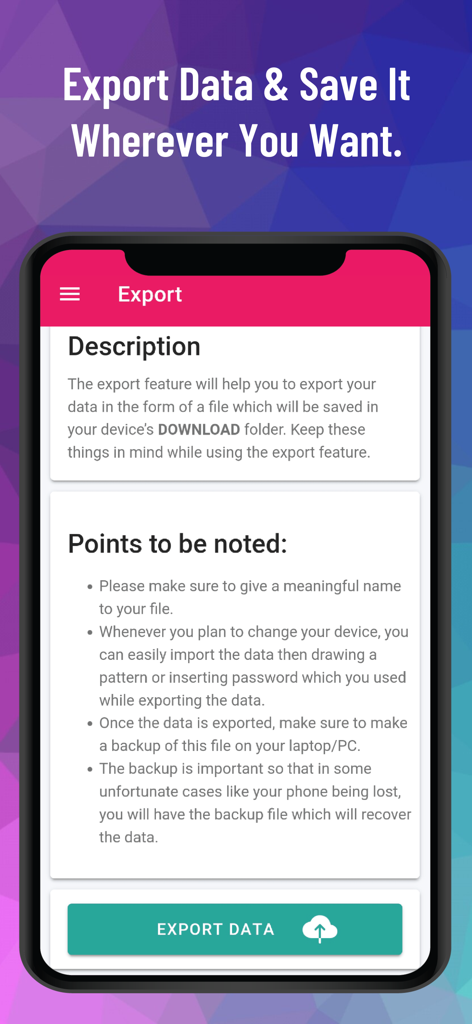 Interface de exportação de dados da aplicação de gestor de palavras-passe offline PM Pro.