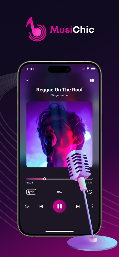 MusiChic app interface on an iPhone showing a music player screen with playback controls and album art