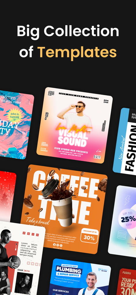 Social Media Post & Ad Maker - Una colección diversa de plantillas de publicaciones profesionales para redes sociales para empresas, incluyendo comida, música y fitness.