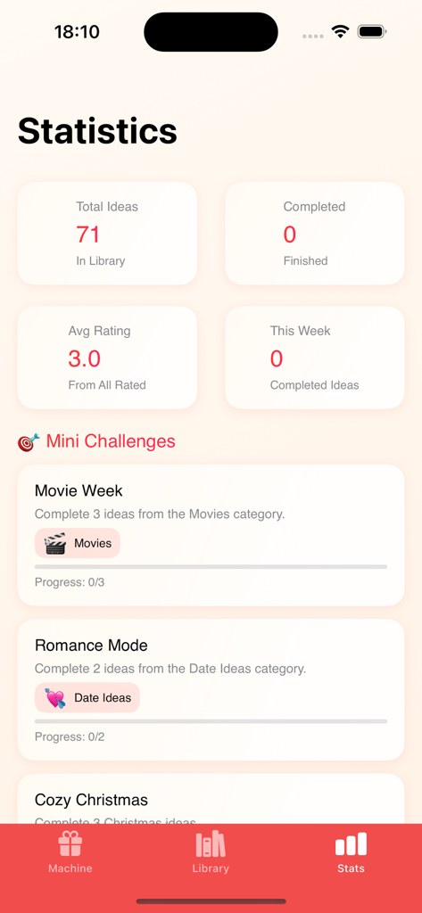 Statistics screen of the Christmas CandyIdea app showing total ideas completed and mini challenges like Movie Week and Romance Mode
