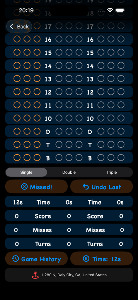 Cricket darts digital scoreboard for three players with game statistics and location tagging