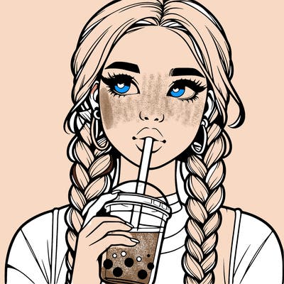 realistic girl with braided hair drinking boba