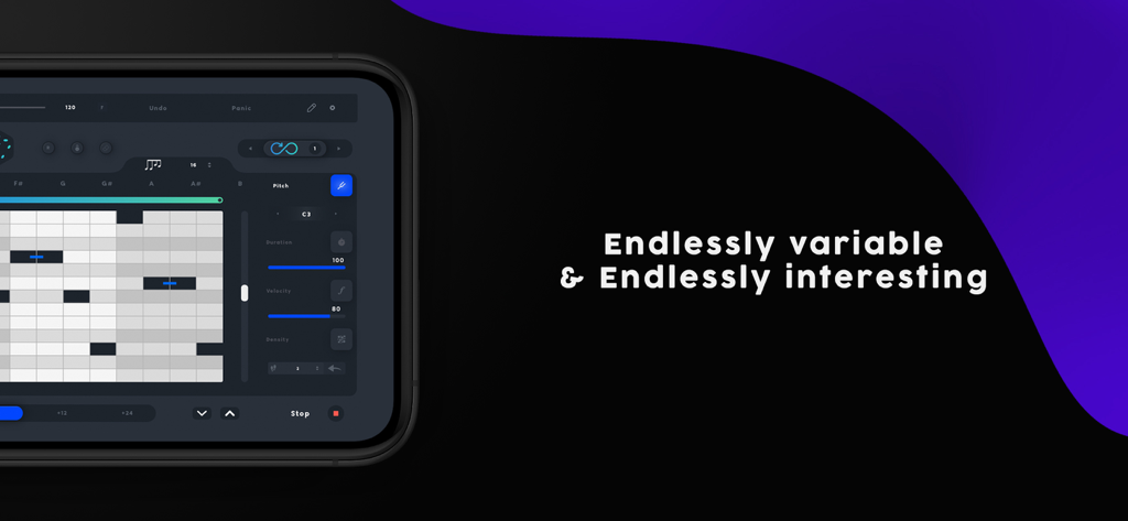 Riffer app interface showing a generative MIDI sequence grid on a smartphone