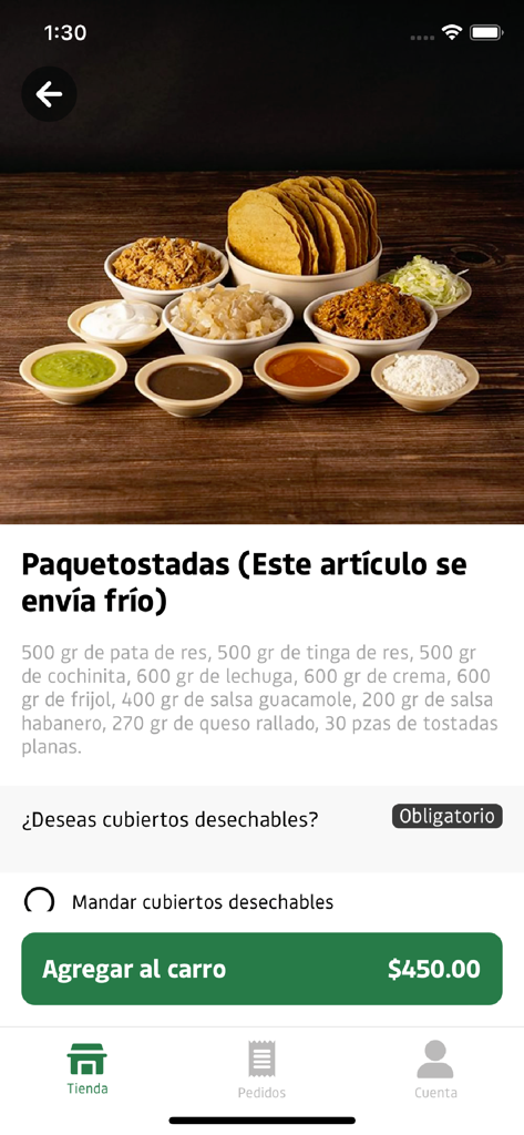 Pantalla de la aplicación móvil mostrando un kit de comida Paquetostadas para ordenar con varios ingredientes y tostadas