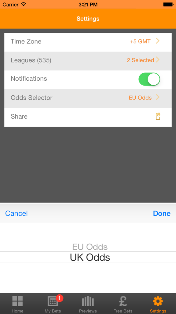 OddsCheckアプリの設定画面に、EUまたはUKオッズ形式を選択できるオッズ形式セレクターが表示されています