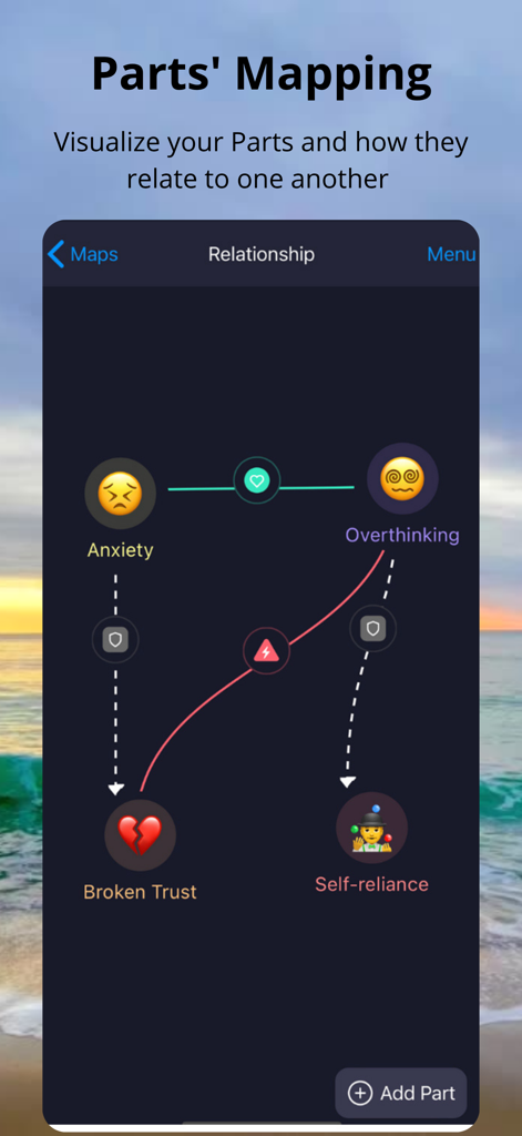 IFS Guide - Internal Family Systems parts mapping interface showing visual connections between different emotional parts like anxiety and overthinking