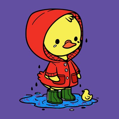 baby duck in a rain coat and boots, in a puddle while it’s raining