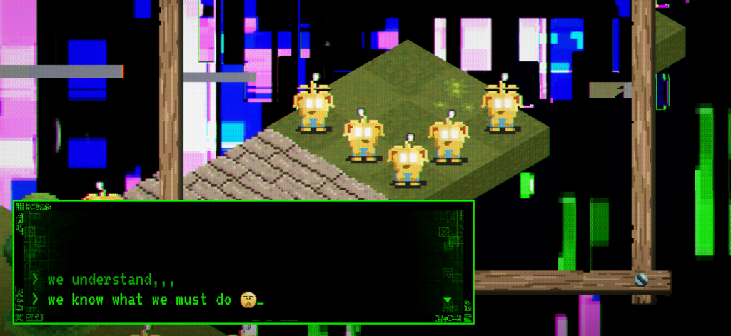 Black Mirror: Thronglets - Criaturas amarillas de pixel art en un mundo digital con fallos y un cuadro de diálogo de terminal.