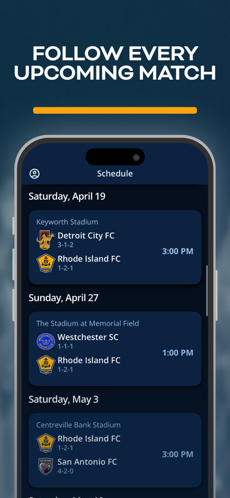 Tela de calendário do aplicativo oficial do Rhode Island FC mostrando datas de jogos futuros e horários das partidas
