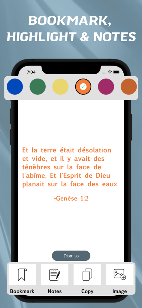 フランス語オフライン聖書アプリでのハイライトとメモ機能を表示するインターフェース