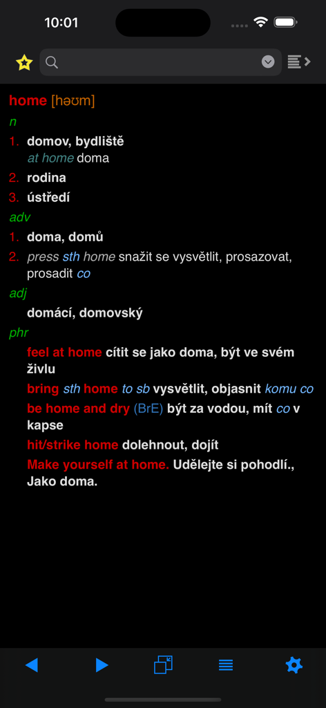 Lingea HandyLex - Lingea HandyLex app showing the English to Czech translation for the word home including definitions and phrases