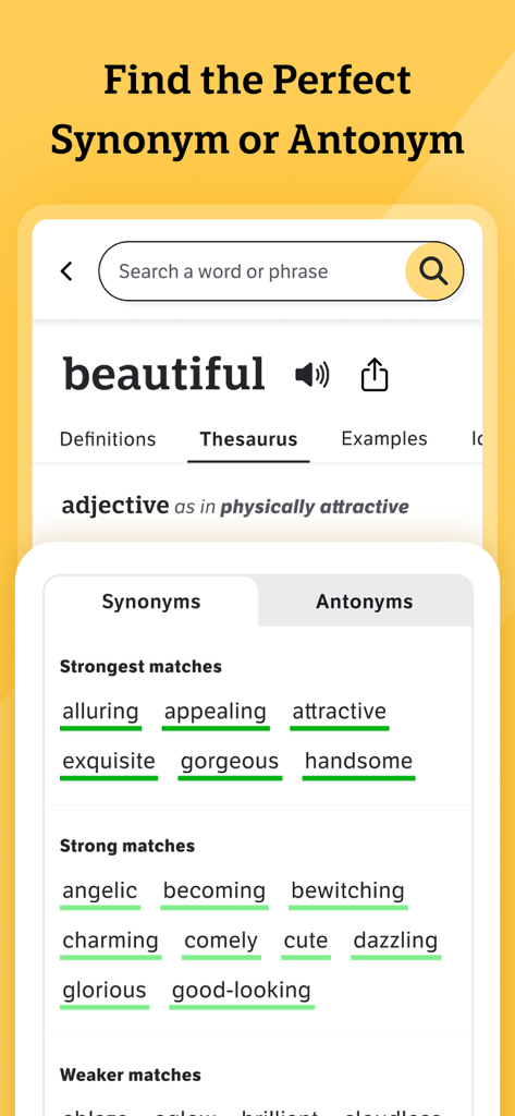 Dictionary.com: English Words - Interface de l'application Dictionary.com présentant la fonction de thésaurus avec des synonymes du mot « beau ».