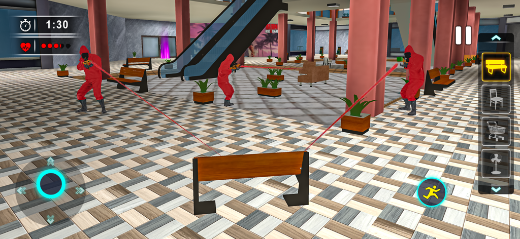 A player disguised as a wooden bench hiding from hunters in a shopping mall