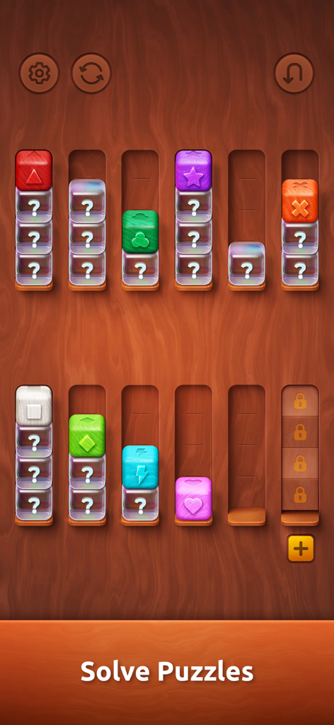 A gameplay screenshot of Colorwood Sort Puzzle showing vibrant wooden blocks with symbols being sorted on a wooden background