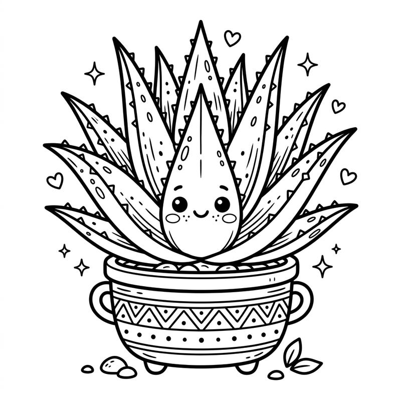 Bring this super cute kawaii aloe succulent to life with your favorite colors! This delightful plant, featuring an adorable face and charming pot, is perfect for a relaxing and creative coloring session.